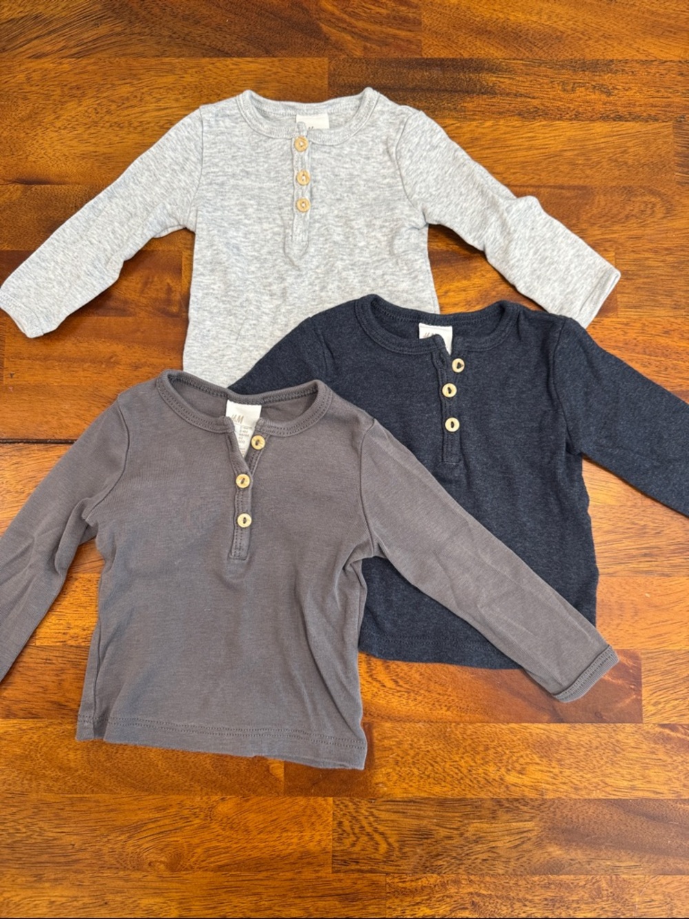 H&M Long-Sleeve Henley Trio - Light Gray, Charcoal, Dark Gray